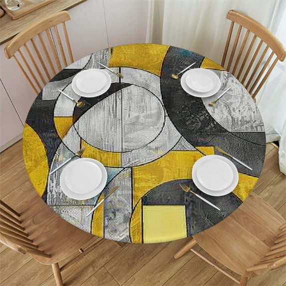 WYYP Geometric Shapes Round Table Cover 100% Polyester Fiber with Elastic Edge White