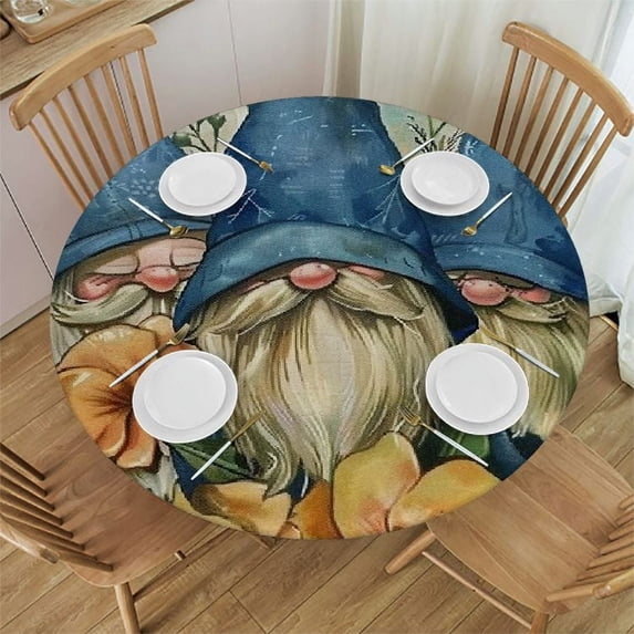 WYYP Gnomes Flowers Leaves Round Tablecloth 100% Polyester Fiber Table Cloth White