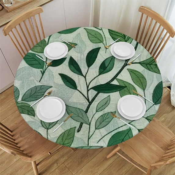 WYYP Green Leaves Round Table Cover 100% Polyester Fiber Great for Home Kitchen/Parties/Holiday Dinner White