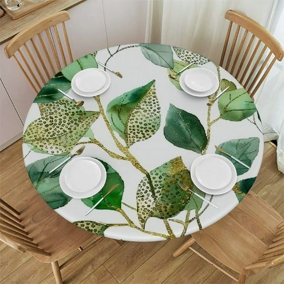 WYYP Green Leaves Round Tablecloth Waterproof 100% Polyester Fiber Outdoor Fitted Green Leaves White