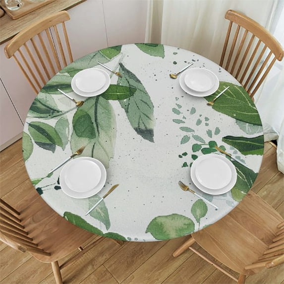 WYYP Green Leaves White Watercolor Painting Round Table Cover Outdoor Picnic Camping Indoor Kitchen Dining Party 100% Polyester Fiber White