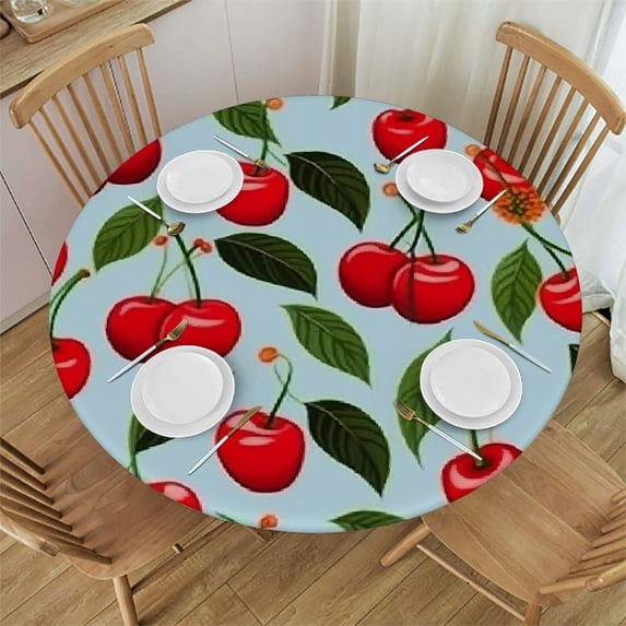 WYYP HAOGEILI- Round Tablecloth Fitted Elastic Polyester Table Cloth Cover Cherry Design Fresh Berry Fruit Summer Green Garden Decor Table Pad Cover Wipeable Washable for Family Party Dinner White