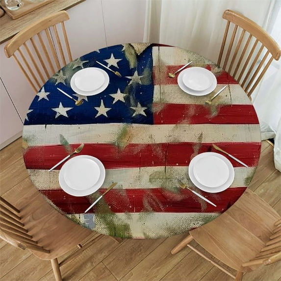 WYYP Hearts American Flags Americo Makk Round Tablecloth Waterproof Resistant Fabric 100% Polyester Fiber for Picnic Dining Kitchen Farmhouse White