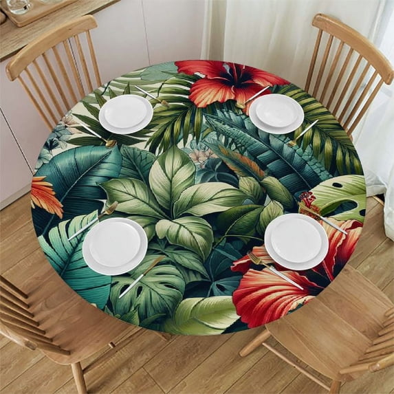 WYYP Hibiscus Beautiful Flowers Summer Colorful Hawaiian Tropical Plants Palm Leaf Round Tablecloth 100% Polyester Fiber with Elastic Edge White