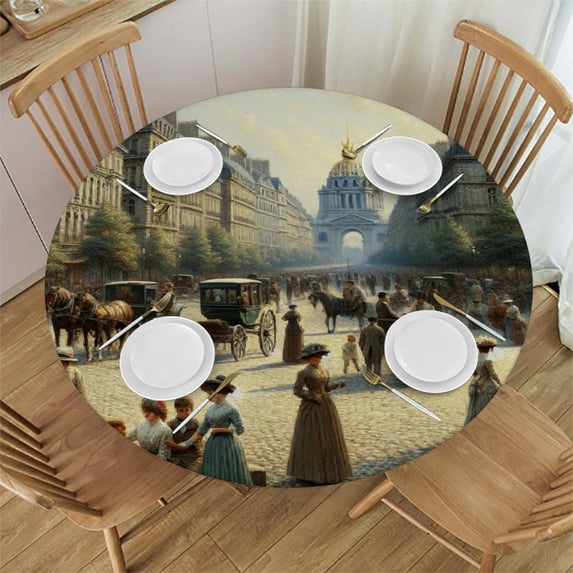 WYYP , Historical Architecture, Impressionist Art Round Tablecloth, Washable for Home Kitchen Outdoor Decoration, 100% Polyester Fiber with Elastic Edge White