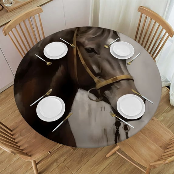 WYYP Horse Bridle Tonalism Round Tablecloth with Elastic Edge 100% Polyester Waterproof Resistant Fabric White
