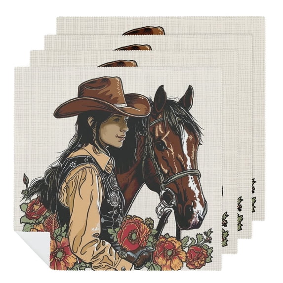 WYYP Horse Floral Border Polyester Dinner Napkin for Dining Table Kitchen Daily Party Housewarming Farmhouse Decor 4 PCS
