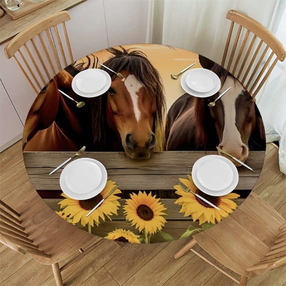 WYYP Horses Sunflowers Wooden Fence Round Tablecloth 100% Polyester Waterproof Resistant Fabric White