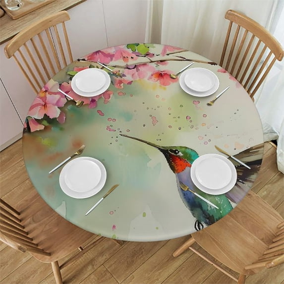 WYYP Hummingbird Flowers Branch Waterproof Polyester Fiber Tablecloth White