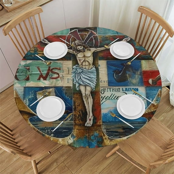 WYYP Jesus Cross Folk Art Round Tablecloth 100% Polyester Outdoor Fitted White
