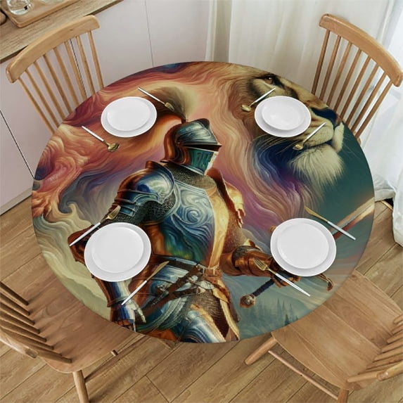 WYYP Knight, Lion, Cross Round Tablecloth 100% Polyester Waterproof Resistant Fabric White
