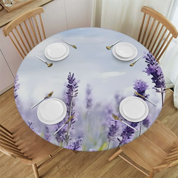 WYYP Lavender Flowers Round Tablecloth 100% Polyester Fiber Outdoor Fitted White