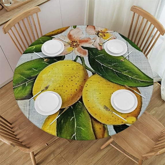 WYYP Lemons Leaves Flowers Round Tablecloth with Elastic Edge 100% Polyester Waterproof Resistant Fabric White