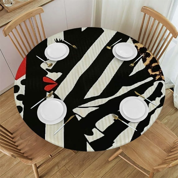 WYYP Leopard Print Stripes Love Round Tablecloth Washable for Home Kitchen Outdoor Decoration 100% Polyester Fiber White