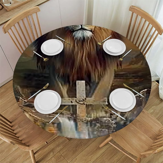 WYYP Lion River Cross Round Tablecloth 100% Polyester Fiber Table Cloth White