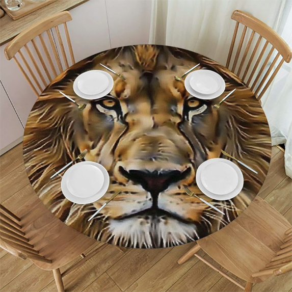 WYYP Lion Round Tablecloth for Picnic Dining Kitchen Farmhouse 100% Polyester Fiber White