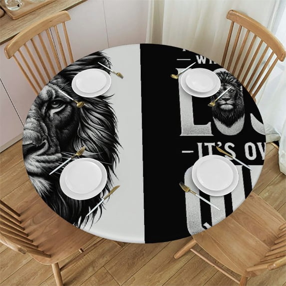 WYYP Lion Strength Courage Round Table Cover 100% Polyester Fiber Tablecloth White