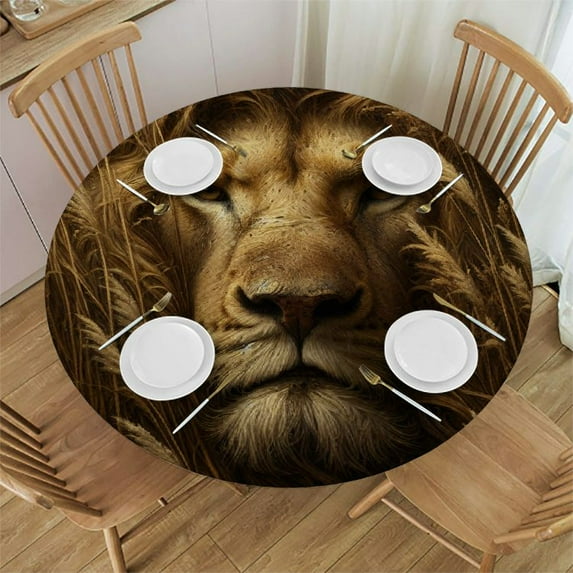 WYYP Lion Tall Grass Round Tablecloth Waterproof 100% Polyester Fiber White