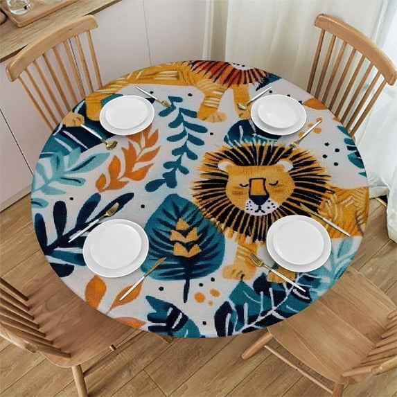 WYYP Lions Leaves Jungle Round Tablecloth Waterproof 100% Polyester Fiber White