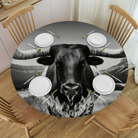 WYYP Longhorn Cattle Round Tablecloth 100% Polyester Fiber Waterproof White