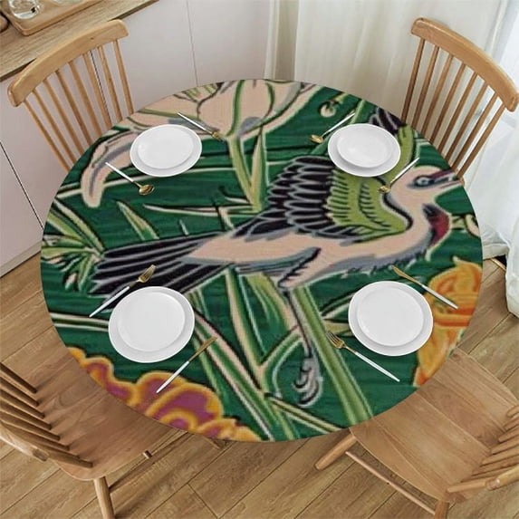 WYYP Lotus Nymphaea Gardens Swan Crane Duck Green Flower Chinoiserie Style Round Tablecloth Waterproof Resistant Fabric White