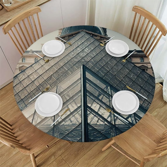 WYYP Louvre Pyramid Round Tablecloth with Elastic Edge 100% Polyester Fiber Washable for Home Kitchen Outdoor Decoration White