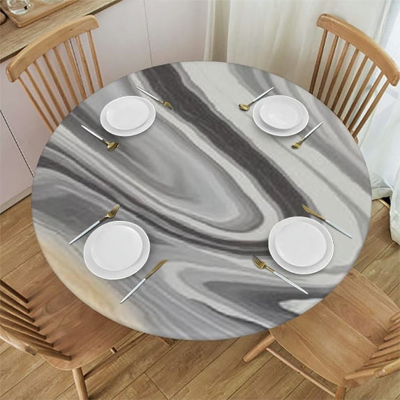 WYYP Marble Elastic Edged Round Tablecloth, Gray Texture Waterproof Wipe Clean Table Cover, for Outdoor Picnic Camping and Indoor Kitchen Dining Party, Fits Tables up to Diameter White