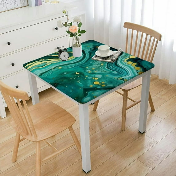 WYYP Marble Fitted Tablecloths Square, Green Gold Marble Elastic Edge Home Decor Tablecloth, Stain & Dust Proof Washable Polyester Table Cover for Kitchen Living Room Use White
