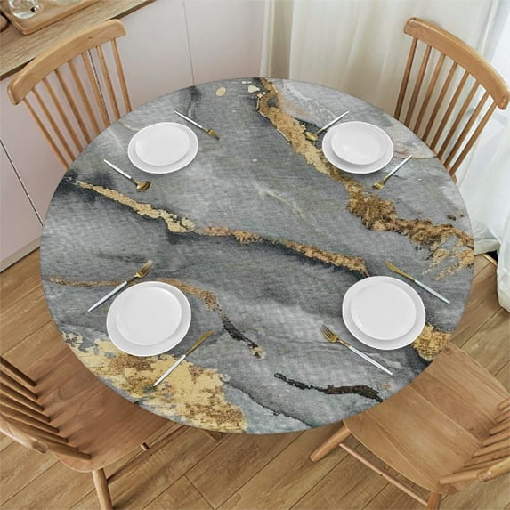 WYYP Marble Gold Silver Round Tablecloth for Picnic Dining Kitchen Farmhouse 100% Polyester Fiber Waterproof White