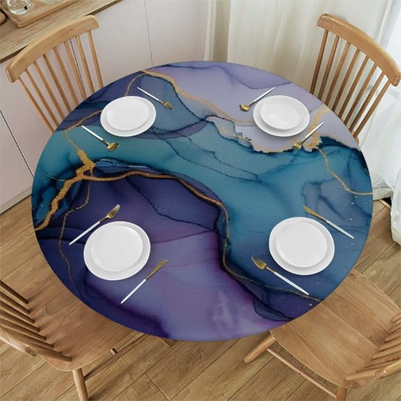 WYYP Marble Texture Elastic Edged Tablecloth for Round Table Round Table Cover Outdoor Waterproof Tablecloth Polyester Table Cloth, Easy Clean Purple and Blue Marble Pattern 46-50
