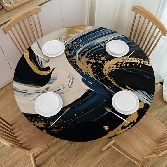 WYYP Metaphysical Painting Abstract Brush Strokes Round Tablecloth 100% Polyester Fiber Table Decoration White