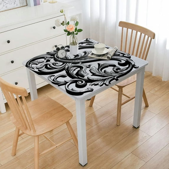 WYYP Monochrome Letter from Alphabet S Abstract Design Swirls and Other Shapes Waterproof Resistant Fabric Square Tablecloth white