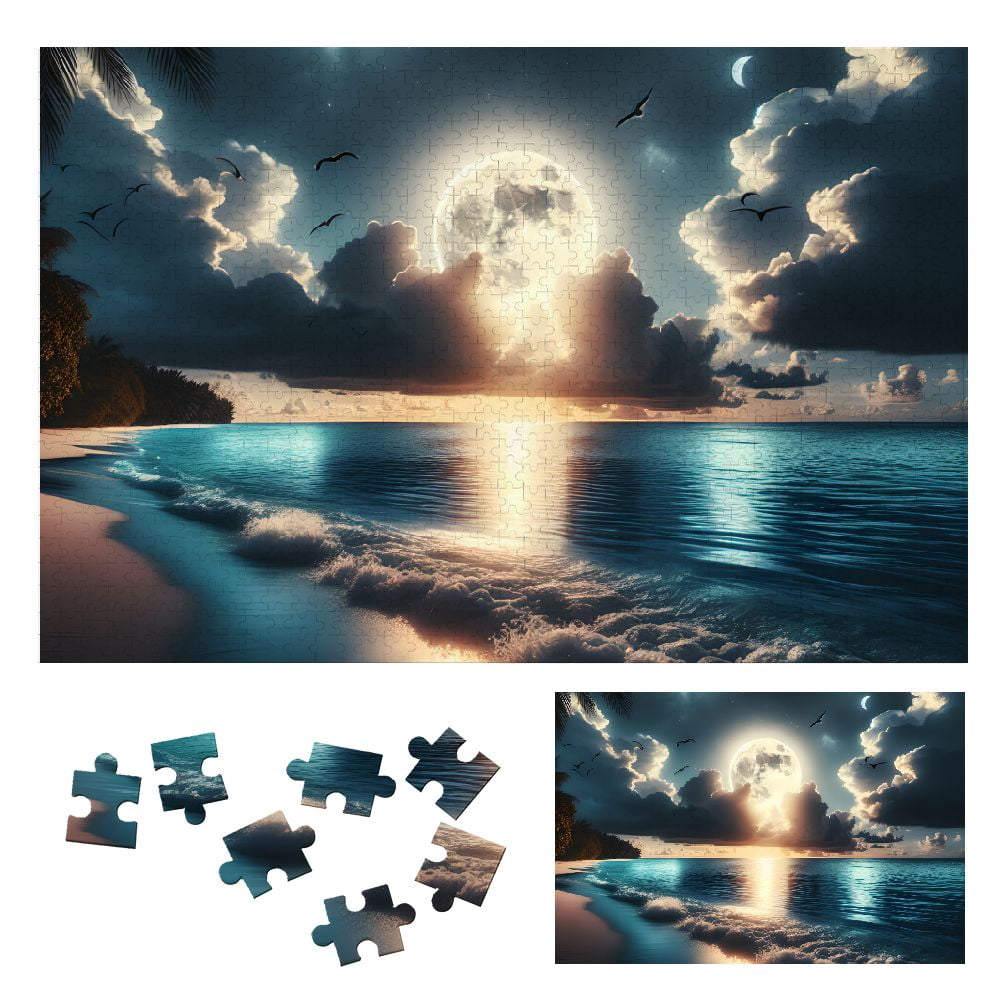 WYYP Moonlight Palm Tree Beach Wooden Jigsaw Puzzle for Adults and Kids ...