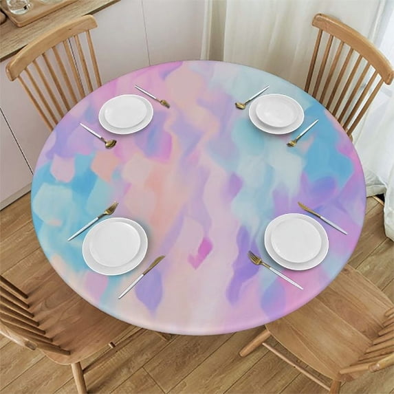 WYYP Mosaic Blue Pink Fitted Round Table Cover with Elastic Protector Table Kitchen Dinner Waterproof Oil-Proof Tablecloth White