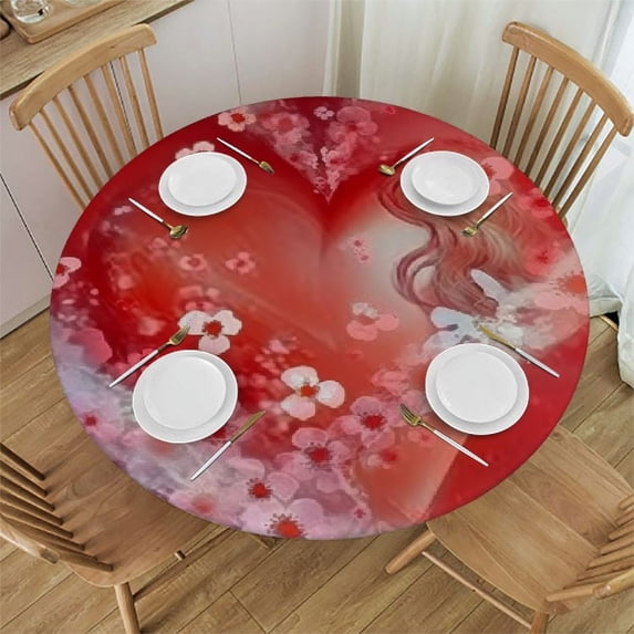 WYYP Mother's Day Fitted Tablecloth Round, Spring Flowers Valentines's Elastic Edged Table Covers for Party Wedding Picnic,Red Heart Tablecloths White