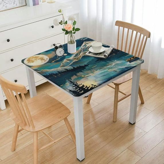 WYYP Mountain Lake Boat Square Tablecloth Waterproof 100% Polyester Fiber 52*52