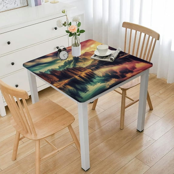 WYYP Mountain Range Snow-Capped Peaks Serene Lake Square Tablecloth Waterproof Resistant Fabric 100% Polyester Fiber 52*52