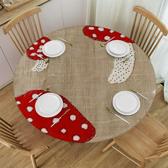 WYYP Mushroom Mushroom Round Tablecloth 100% Polyester Fiber Outdoor Fitted White