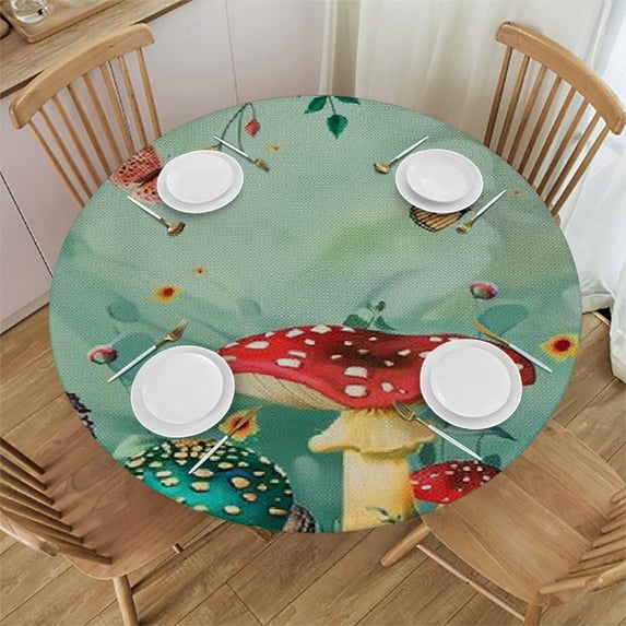 WYYP Mushrooms Flowers Butterfly Round Tablecloth 100% Polyester Fiber Full Width Single-Sided Printing White