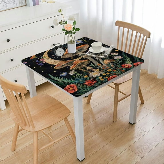 WYYP Mushrooms Flowers Crescent Moon Square Tablecloth Full Width Single-Sided Printing 100% Polyester Fiber 40*40