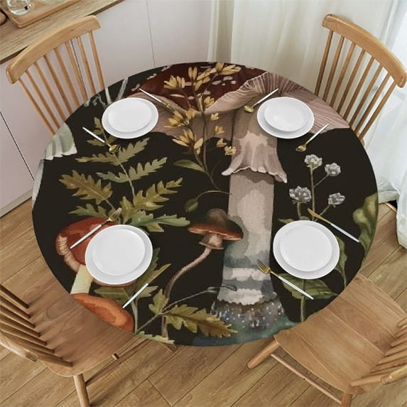 WYYP Mushrooms Plants Flowers Round Table Cloth 100% Polyester Fiber Tablecloths White