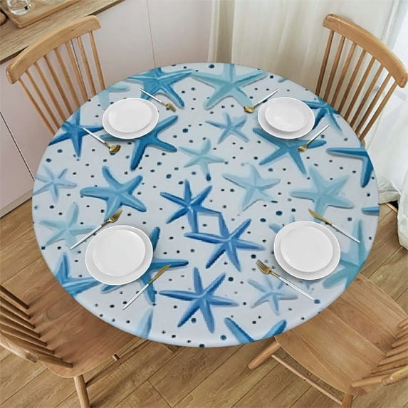 WYYP Nautical Coastal Tablecloth Round Blue and Teal Starfish Table Cloth Washable Summer Farmhouse Beach Table Cover for Kitchen Dinner Room Holiday Picnic Party Camping Indoor Outdoor Decor White