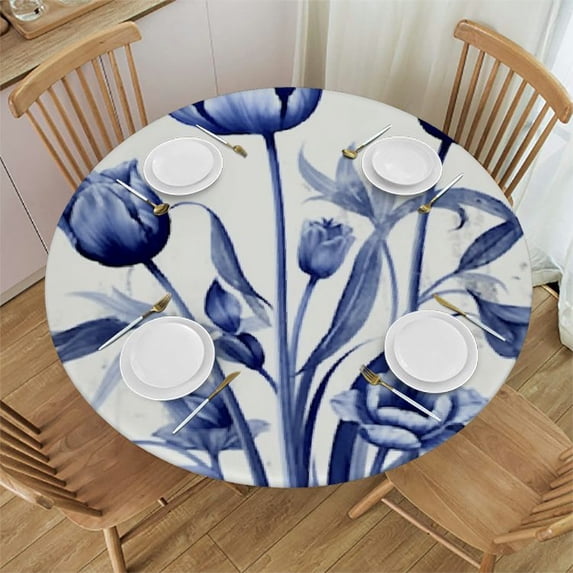 WYYP Navy Blue and Grey Flower Round Table Cover 100% Polyester Fiber for Outdoor Picnic Camping and Indoor Kitchen Dining Party White