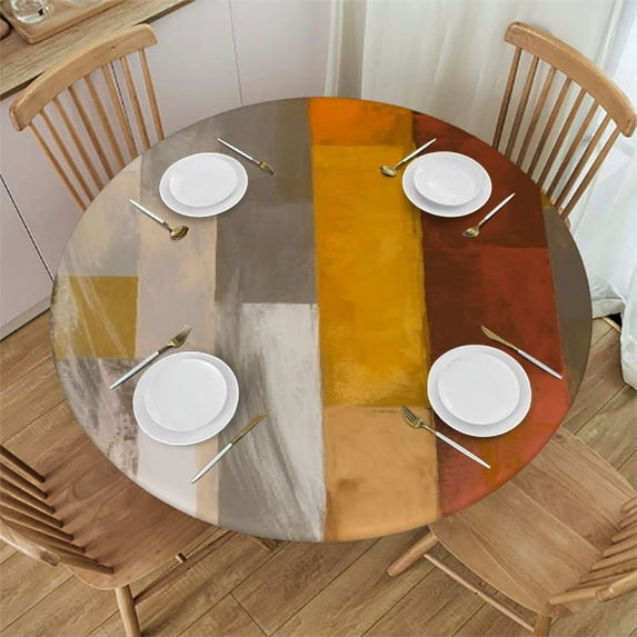 WYYP Orange and Gray Elastic Round Tablecloth, Abstract Art Painting Graffiti Fitted Tablecloths for Round Table Oil-Proof Waterproof Table Cloth White