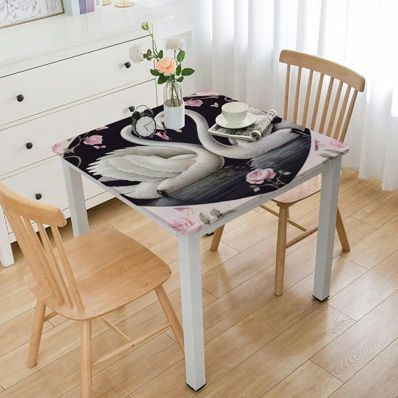 WYYP Outdoor Fitted Satin Square Pretty Blush Swan Decorative Tablecloth white