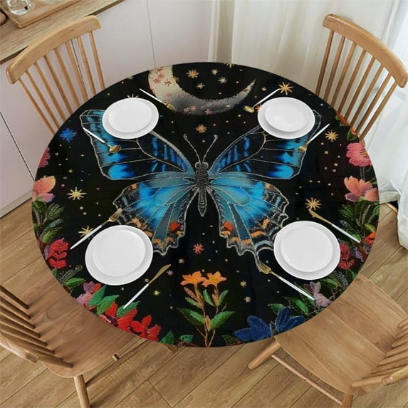 WYYP Outdoor Picnic Camping and Indoor Kitchen Dining Party Blue Butterfly Moon Flower Botanical Floral Plant Boho Cozy Decor Nap White