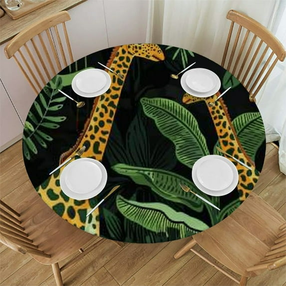 WYYP Outdoor Picnic Camping and Indoor Kitchen Dining Party Leopard Tropical Jungle Cheetah Palm Leaves Plant Leaf Round Tablecloth White