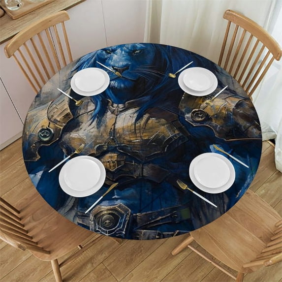 WYYP Outdoor Picnic Camping and Indoor Kitchen Dining Party Round Tablecloth - A Majestic Lion Design White