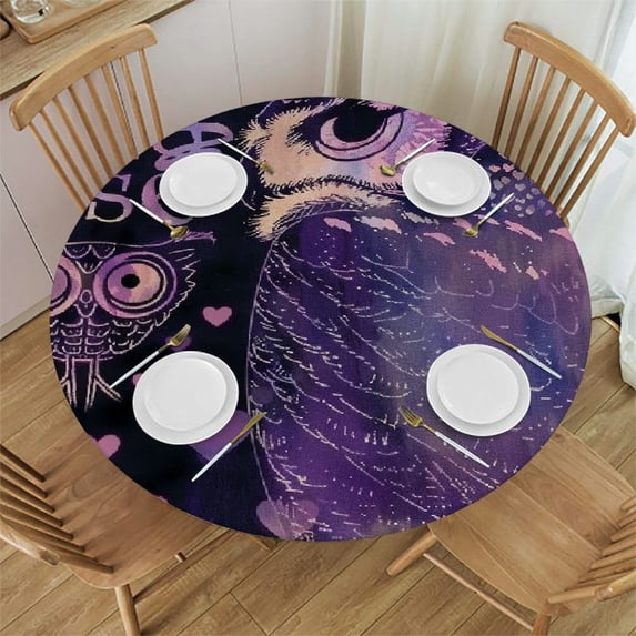 WYYP Owl Hearts Girl Round Tablecloth Waterproof Resistant Fabric 100% Polyester Fiber White