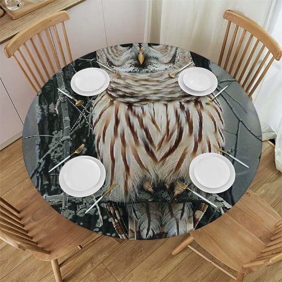 WYYP Owl, Tree Branch, Forest Round Table Cover 100% Polyester Outdoor Fitted White